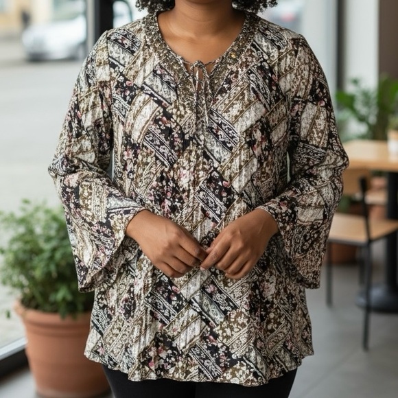 Cato Tunic Top Brown Boho Floral Crinkle Stretch Embellished VNeck - Picture 1 of 11